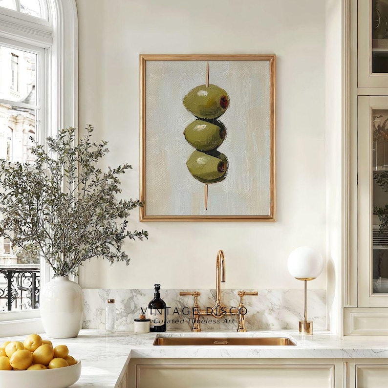 Vintage Dirty Martini Olives Painting - Retro Bar Cart Art Print, French Country Kitchen Printable