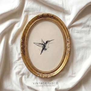 Dibujo imprimible de colibrí vintage: estampado de pájaro francés de estilo rústico neutro, elegante decoración con dibujo lineal