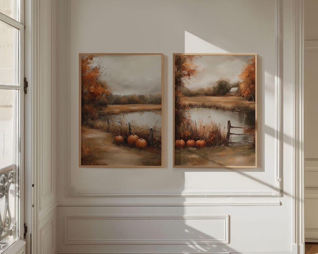 Vintage Fall Landscape Print Set of 2 - Rustic Farmhouse Pumpkin Decor ...