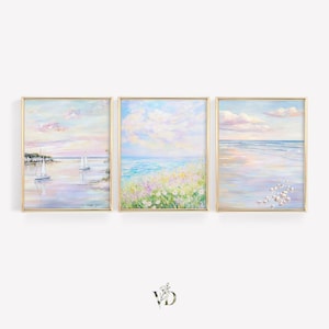 Grandmillenial Coastal Wall Art Set - Pastel Preppy Summer Beach Prints, Coquette Wildflower Ocean Printables