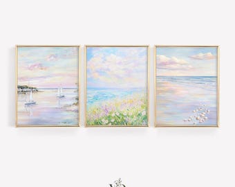 Grandmillenial Coastal Wall Art Set - Pastel Preppy Summer Beach Prints, Coquette Wildflower Ocean Printables