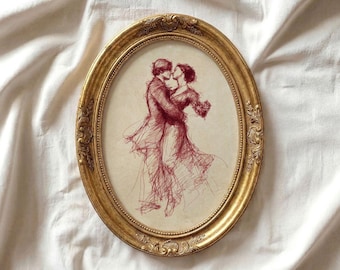 Romantic Couple Red Ink Sketch Print - Vintage Wedding Art Decor, Moody Cottagecore Vday Printable