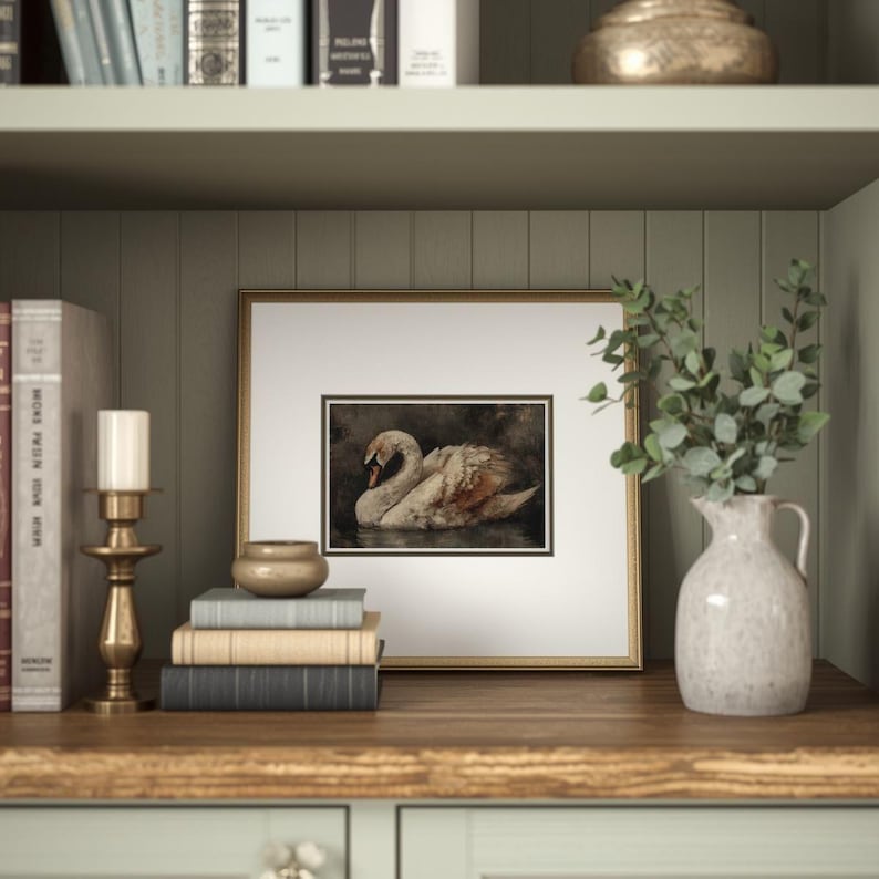 Moody Dark Academia Swan Print -  Rustic French Country Farmhouse Printable, Cottagecore Classic Bird Art