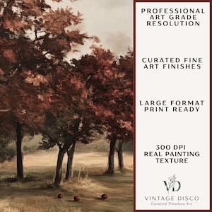Puede incluir: Una pintura de paisaje con &aacute;rboles de color rojo oscuro y marr&oacute;n en un campo con tres peque&ntilde;as esferas en el suelo. El lado derecho contiene el texto: PROFESSIONAL ART GRADE RESOLUTION, CURATED FINE ART FINISHES, LARGE FORMAT PRINT READY, 300 DPI REAL PAINTING TEXTURE, y VINTAGE DISCO Curated Timeless Art.