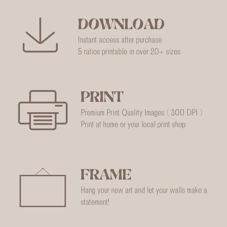 May include: Illustration of three steps to download, print, and frame digital art. The steps are represented by icons: a download arrow, a printer, and a picture frame.