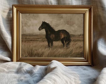 Rustic Wild Horse Fall Print -  Vintage Country Farmhouse Autumn Printable, Cottagecore Pastoral Landscape Decor