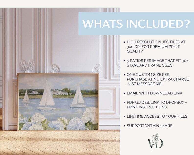 Grandmillenial Preppy Coastal Art Print - Coastal Granddaughter Hydrangeas & Sailboat Printable, Beachy Home Decor