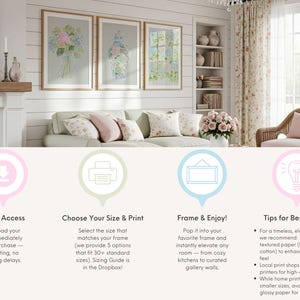 K&ouml;nnte beinhalten: Ein digitales Download-Set mit drei gerahmten Wandkunstdrucken &uuml;ber einem Sofa. Die Drucke zeigen einen Blumenstrau&szlig;, ein dekoratives Gef&auml;&szlig; und einen Fensterblick mit Gr&uuml;npflanzen. Enth&auml;lt Symbole f&uuml;r den sofortigen Zugriff, Druck und Rahmung.