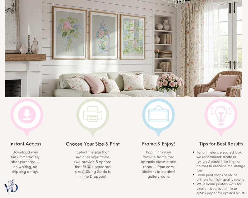 K&ouml;nnte beinhalten: Ein digitales Download-Set mit drei gerahmten Wandkunstdrucken &uuml;ber einem Sofa. Die Drucke zeigen einen Blumenstrau&szlig;, ein dekoratives Gef&auml;&szlig; und einen Fensterblick mit Gr&uuml;npflanzen. Enth&auml;lt Symbole f&uuml;r den sofortigen Zugriff, Druck und Rahmung.