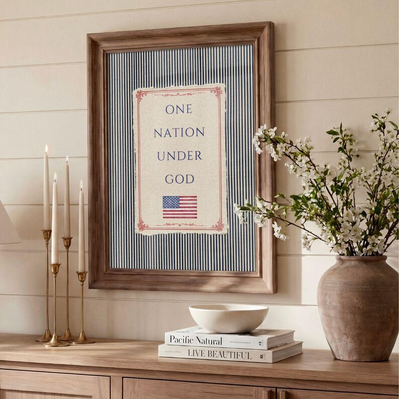 Patriotic Christian One Nation Under God Print - American Heritage Decor, Rustic Independence Day Art