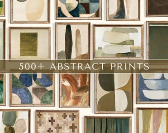 May include: A collection of framed abstract art prints featuring various geometric shapes, organic forms, and textured brushstrokes in earthy tones of olive green, beige, brown, and blue. The image includes the text 500+ ABSTRACT PRINTS.