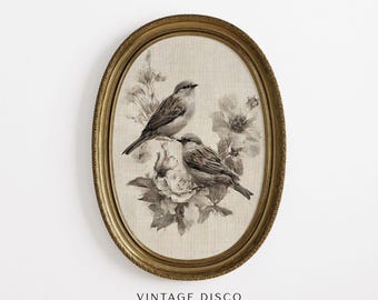 Impresión de tapiz de aves botánicas de estilo campestre francés: arte cottagecore vintage en gris greige, estampado floral primaveral antiguo