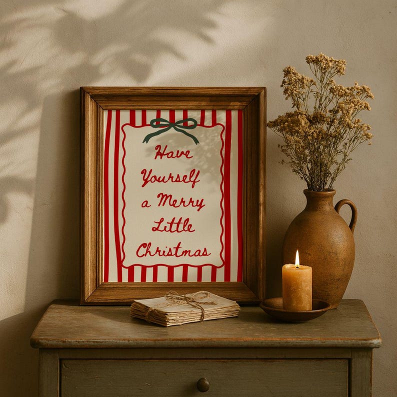 Retro Merry Christmas Print - Vintage Grandmillenial Holiday Art, Printable Holiday Hosting Decor, Preppy Poster