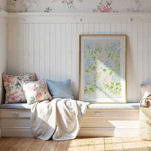 Pastel Pink Blue & Green Watercolor Hydrangeas Set - Preppy Grandmillenial Floral College Dorm Prints