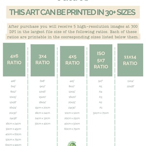 May include: A chart showing different print sizes and ratios for vintage disco prints. The chart includes sizes in inches, centimeters, and ISO paper sizes. The text "This art can be printed in 30+ sizes" is at the top of the chart. The text "Message for (1) custom size per purchase at no extra cost" is at the bottom of the chart.