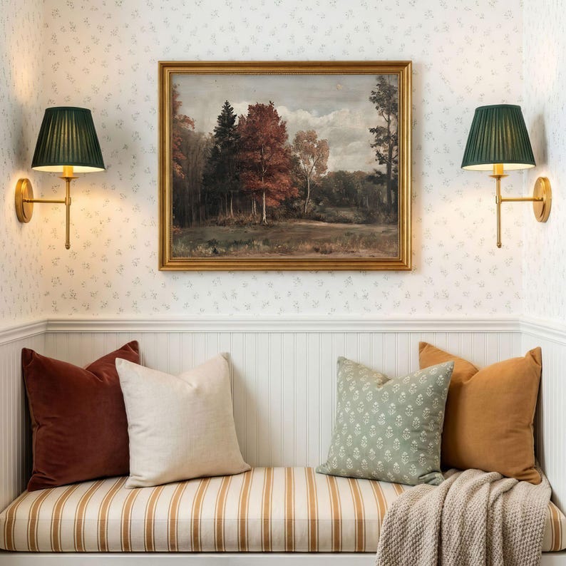 Vintage Fall Landscape Print - Rustic Autumn Farmhouse Decor, Moody Cottagecore Muted Printable