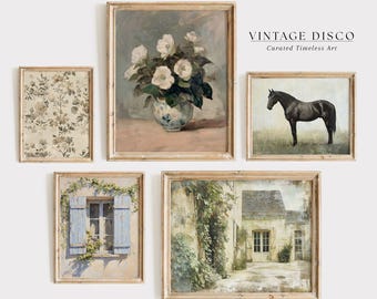European Prints Set of 5 - French Country Gallery Wall, Neutral Vintage Bundle Printable Wall Art, Cottage Florals, Rustic Farmhouse Decor