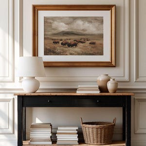 Rustic Bison Farmhouse Print -  Vintage Country Landscape Printable, Warm Cottagecore Pastoral Meadow Painting