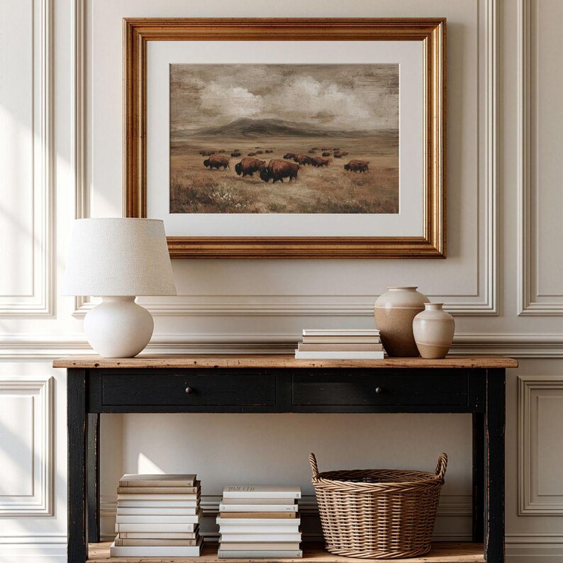 Rustic Bison Farmhouse Print -  Vintage Country Landscape Printable, Warm Cottagecore Pastoral Meadow Painting