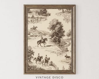 Estampado ecuestre Toile - Decoración neutra de estilo clásico, arte rústico tradicional para el hogar, estilo casa de campo francesa
