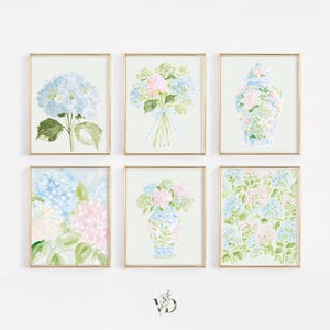 Pastel Pink Blue & Green Watercolor Hydrangeas Set - Preppy Grandmillenial Floral College Dorm Prints