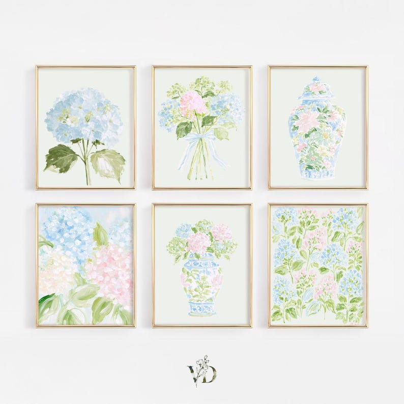 Pastel Pink Blue & Green Watercolor Hydrangeas Set - Preppy Grandmillenial Floral College Dorm Prints