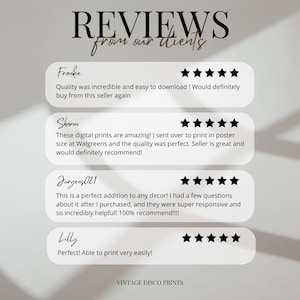 May include: A digital print featuring customer reviews with five-star ratings. The text includes positive feedback about the quality and ease of use. The bottom of the image reads "VINTAGE DISCO PRINTS."