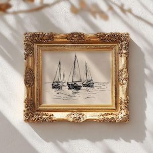 Vintage Sailboat Sketch Print - Coastal Cottage Nautical Line Art, Neutral Maritime Home Decor