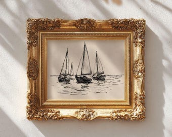 Vintage Sailboat Sketch Print - Coastal Cottage Nautical Line Art, Neutral Maritime Home Decor