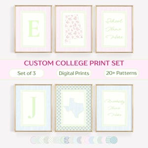 Custom Floral State & University College Print Set - Preppy Pastel Dorm Decor, Personalized Hometown Art