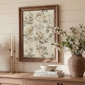 French Country Floral Textile Print - Vintage Botanical Wall Art, Neutral Spring Farmhouse Decor