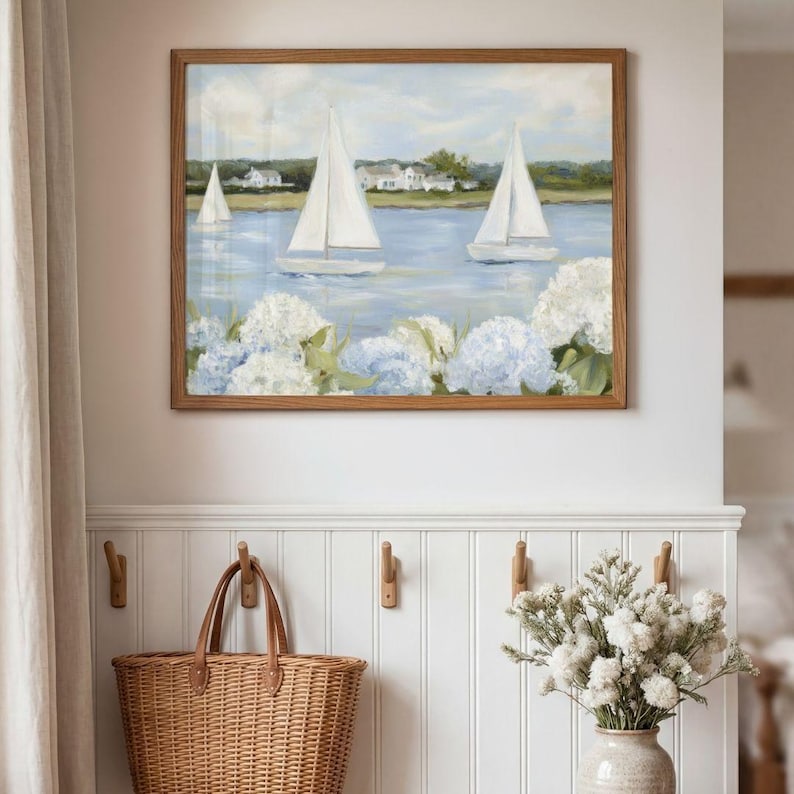 Grandmillenial Preppy Coastal Art Print - Coastal Granddaughter Hydrangeas & Sailboat Printable, Beachy Home Decor