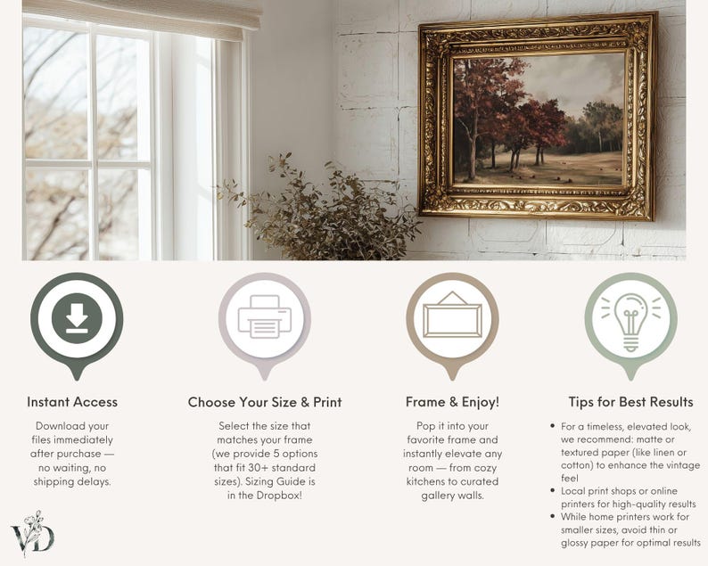 Puede incluir: Una gu&iacute;a de descarga de arte digital con una pintura de paisaje en un marco dorado ornamentado. El gr&aacute;fico incluye cuatro iconos circulares con texto: Instant Access, Choose Your Size & Print, Frame & Enjoy y Tips for Best Results.