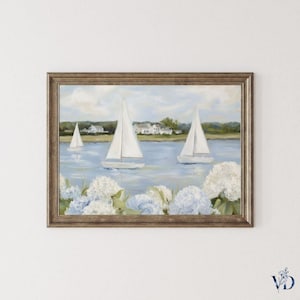 Grandmillenial Preppy Coastal Art Print - Coastal Granddaughter Hydrangeas & Sailboat Printable, Beachy Home Decor
