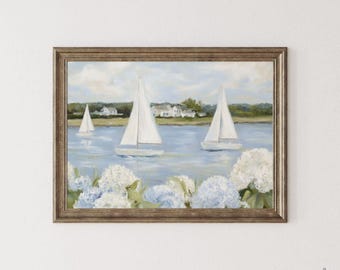 Grandmillenial Preppy Coastal Art Print - Coastal Granddaughter Hydrangeas & Sailboat Printable, Beachy Home Decor