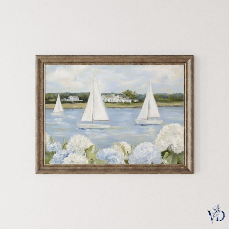 Grandmillenial Preppy Coastal Art Print - Coastal Granddaughter Hydrangeas & Sailboat Printable, Beachy Home Decor