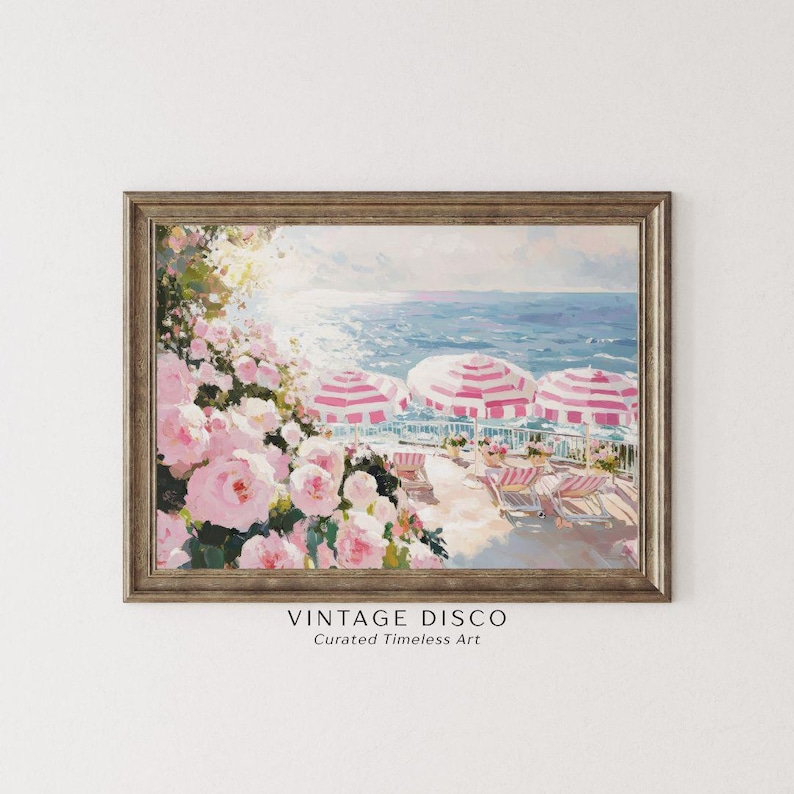 Pink Grandmillenial Coastal Beach Club Print - Coquette Preppy Summer Floral Printable, Shabby Chic Decor