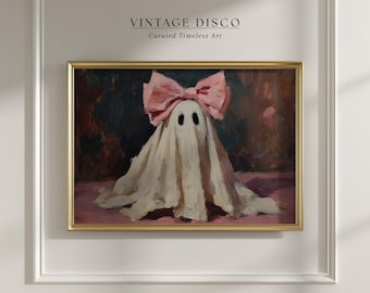 Pink Bow Ghost Halloween Wall Art - Whimsical Spooky Girly Halloween Printable, Maximalist Cottagecore Fall