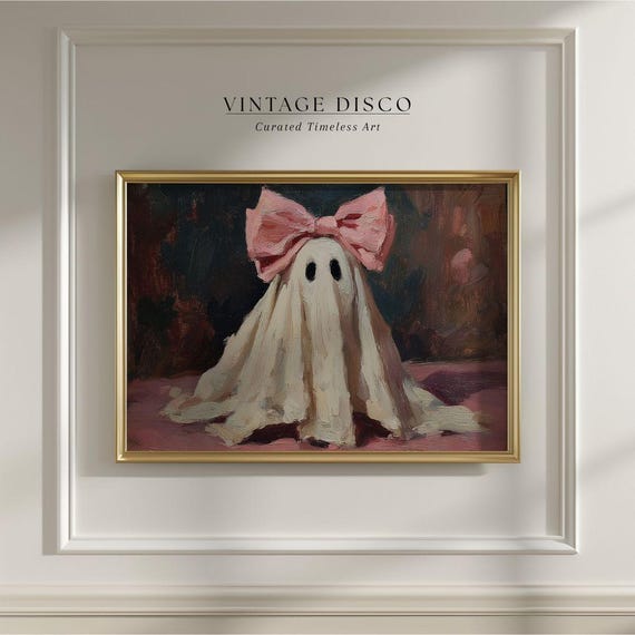 Pink Bow Ghost Halloween Wall Art - Whimsical Spooky Girly Halloween Printable, Maximalist Cottagecore Fall