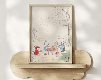 Woodland Animal Tea Party Nursery Print: Vintage Storybook Art (Digital Download)