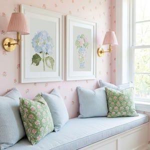 Pastel Pink Blue & Green Watercolor Hydrangeas Set - Preppy Grandmillenial Floral College Dorm Prints