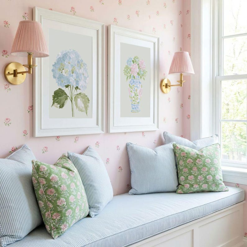Pastel Pink Blue & Green Watercolor Hydrangeas Set - Preppy Grandmillenial Floral College Dorm Prints