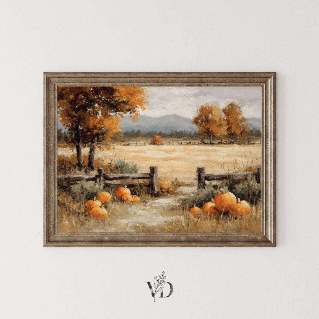 Vintage Pumpkin Patch Landscape Fall Wall Art Printable - Rustic ...
