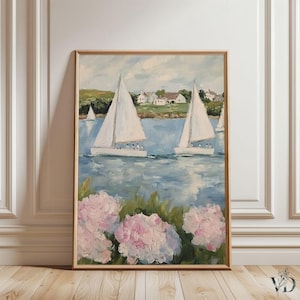 Coastal Hydrangeas & Sailboats Print: Preppy Pink Grandmillenial Summer Wall Art, Coquette Beachy Apartment Decor