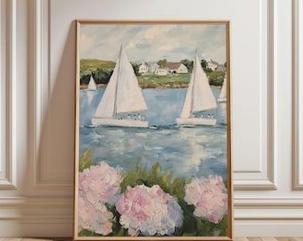 Coastal Hydrangeas & Sailboats Print: Preppy Pink Grandmillenial Summer Wall Art, Coquette Beachy Apartment Decor