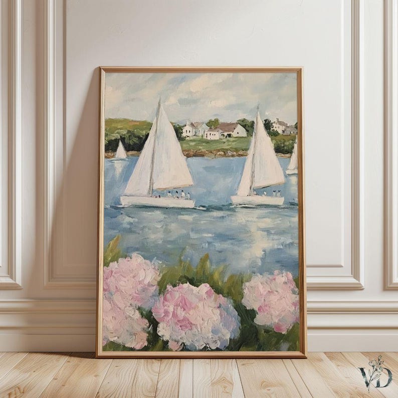 Coastal Hydrangeas & Sailboats Print: Preppy Pink Grandmillenial Summer Wall Art, Coquette Beachy Apartment Decor