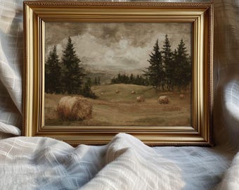 Rustic Fall Pastoral Landscape Print - Vintage Autumn Country Farmhouse Printable, Muted Cottagecore Nature Decor
