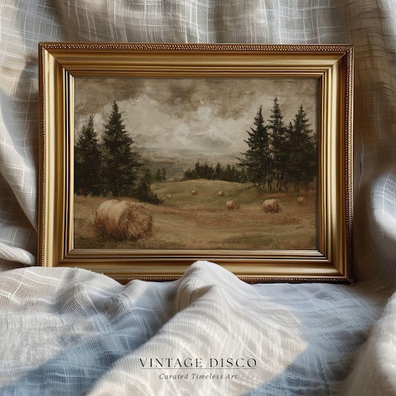 Rustic Fall Pastoral Landscape Print - Vintage Autumn Country Farmhouse Printable, Muted Cottagecore Nature Decor