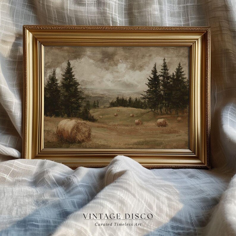 Rustic Fall Pastoral Landscape Print - Vintage Autumn Country Farmhouse Printable, Muted Cottagecore Nature Decor