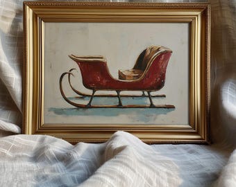Vintage kerstafdruk op slee - rustiek vakantiedecor, traditionele feestelijke winterdecoratie